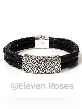 Black Leather Sterling Basket Weave Bracelet